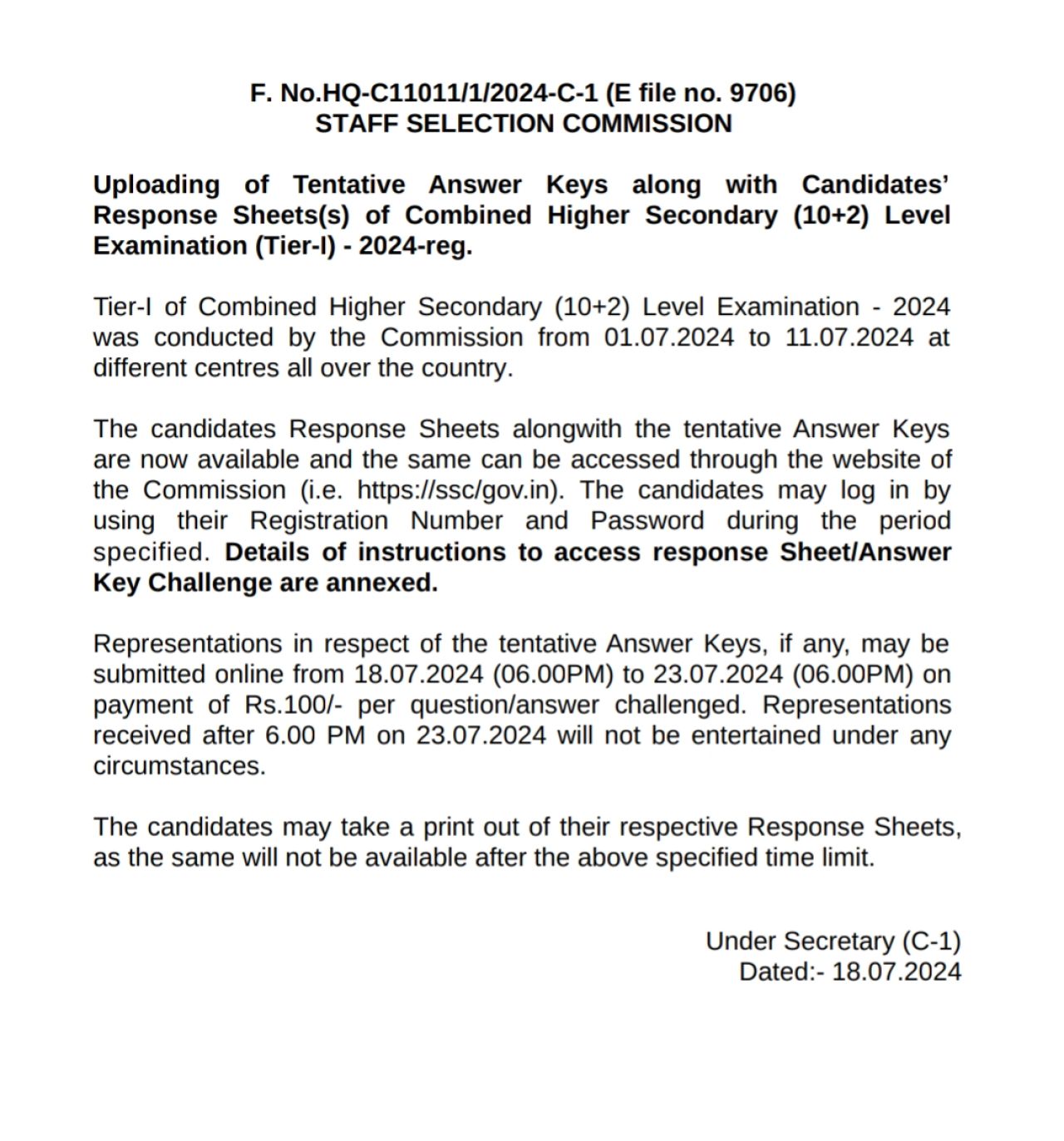 SSC CHSL TIER-I Answer Key 2024