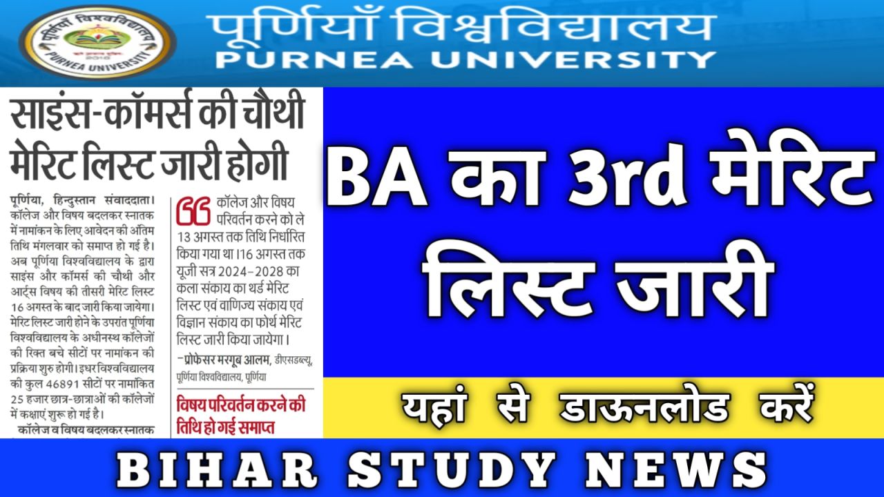 Purnea University BA Admission 3rd Merit List 2024