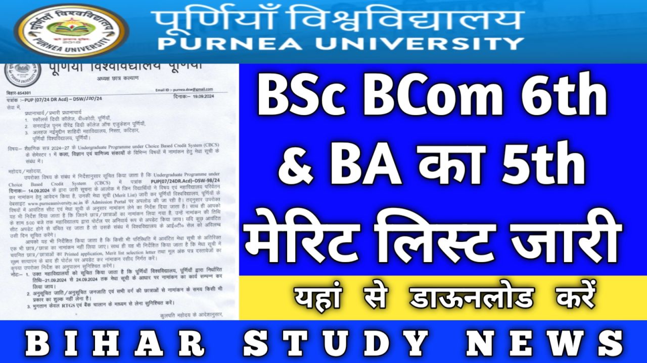 Purnea University UG Admission BSc BCom 6th and BA 5th Merit List 2024