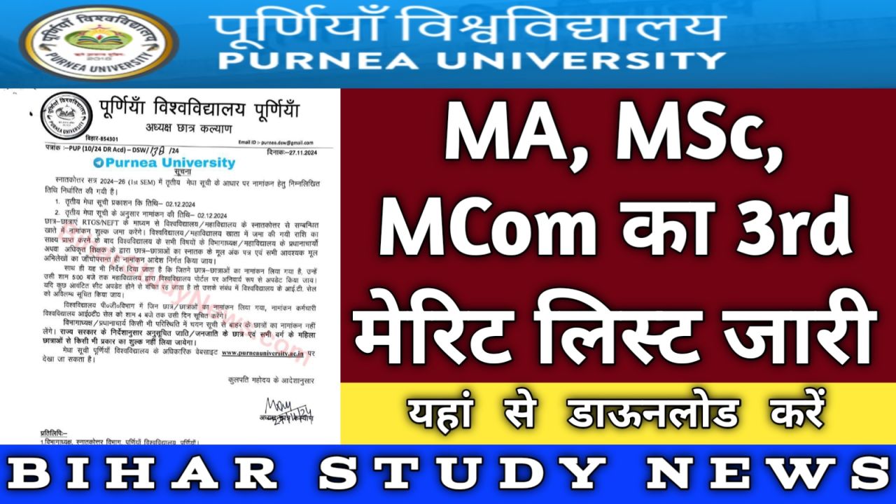 Purnea University PG Admission 3rd Merit List 2024