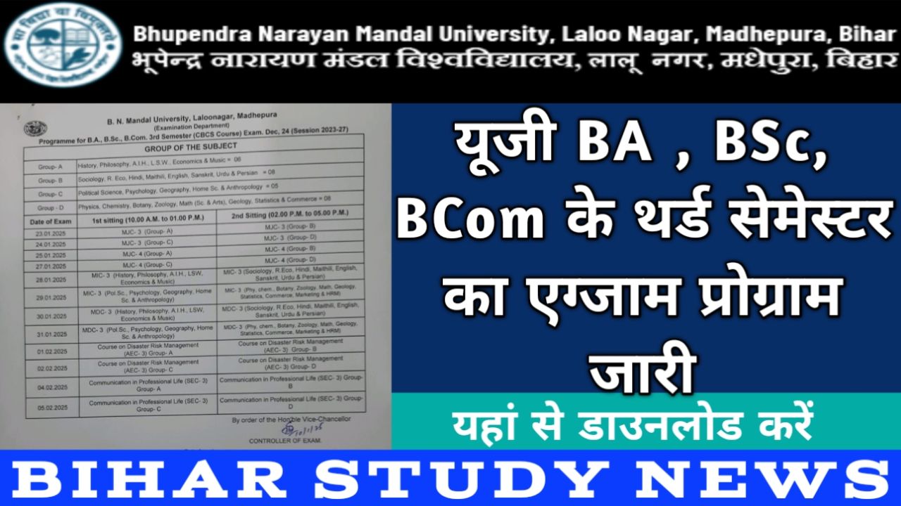 BNMU Madhepura UG 3rd Sem Exam Programme 2024