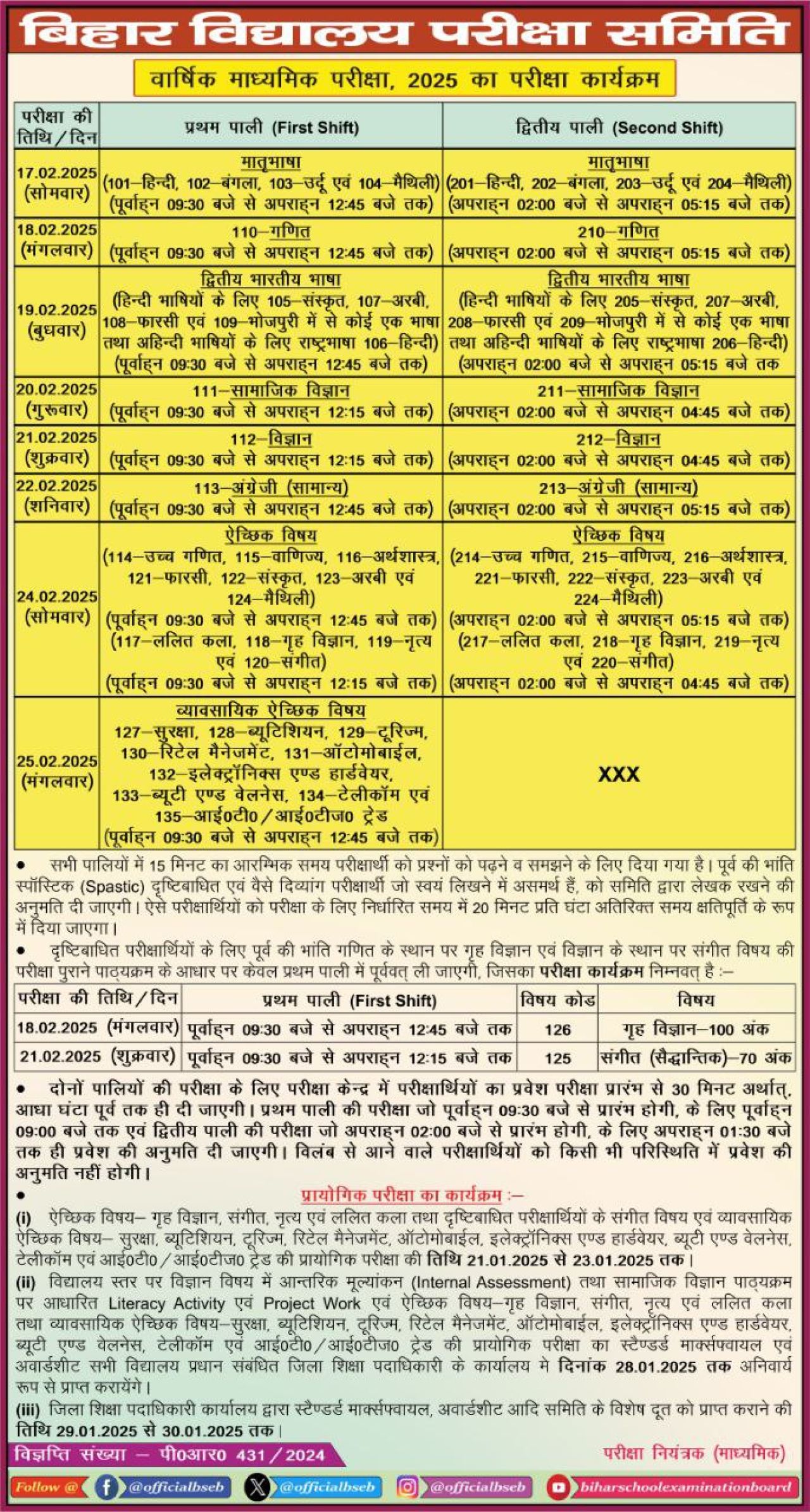 Bihar Board Matric Exam Programme 2025