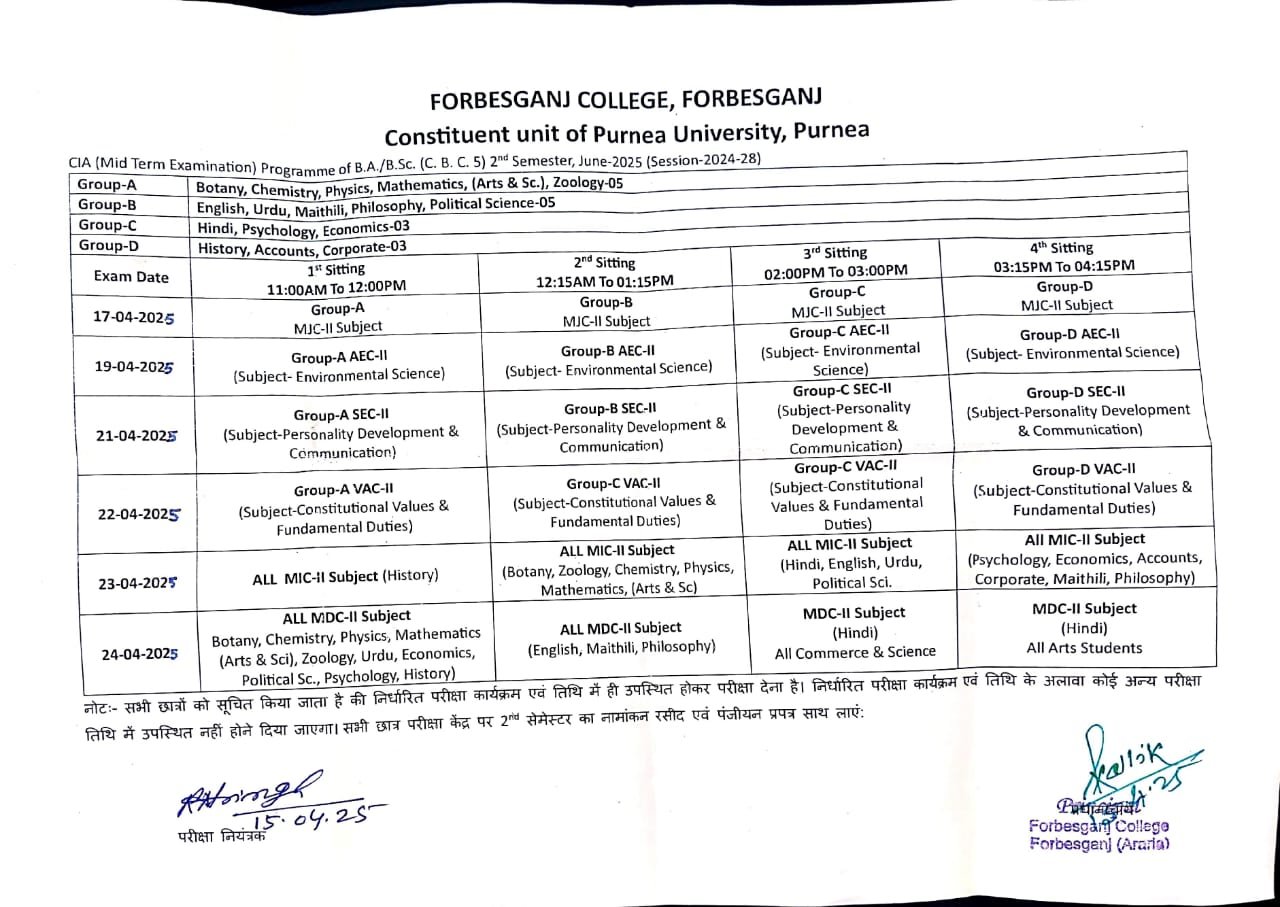 Purnea University UG 2nd Sem CIA Exam 2025 यूजी सेकंड सेमेस्टर के CIA ...