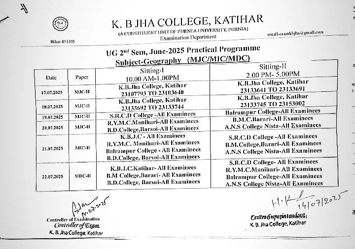 Purnea University UG 2nd Sem Practical Exam Programme 2025 सेकंड ...