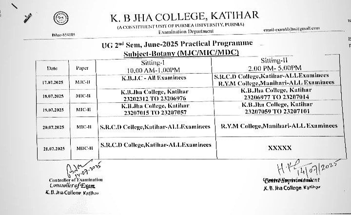Purnea University UG 2nd Sem Practical Exam Programme 2025 सेकंड ...