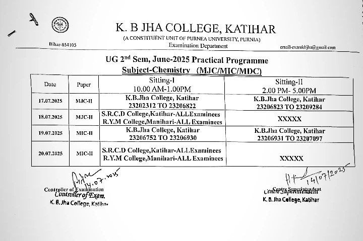 Purnea University UG 2nd Sem Practical Exam Programme 2025 सेकंड ...