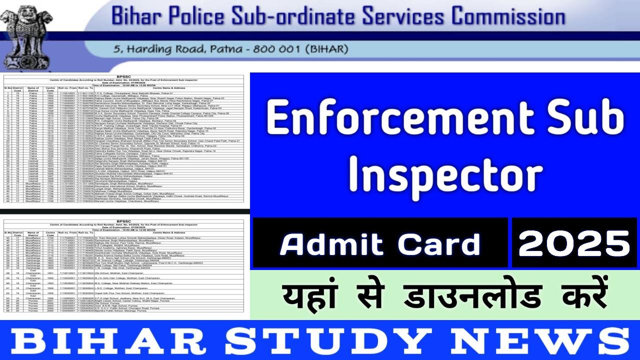 Bihar BPSSC Enforcement Sub Inspector Admit Card 2025
