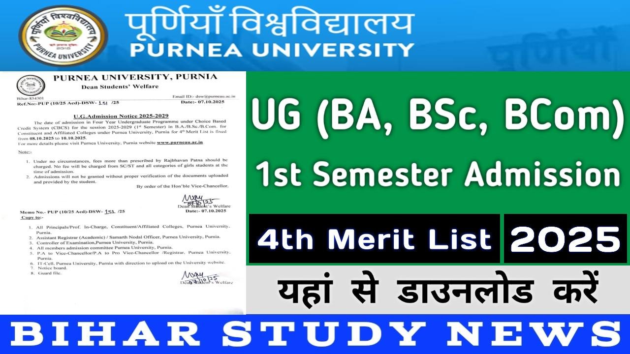 Purnea University UG 1st Sem Admission 4th Merit List 2025